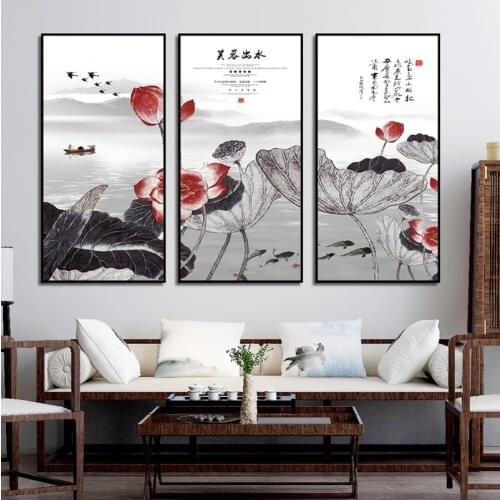 Chinese Wall Art Poster Canvas Painting Simple Lotus Pond Landscape Picture Home Decor Living Room Mural Three Pieces Frameless