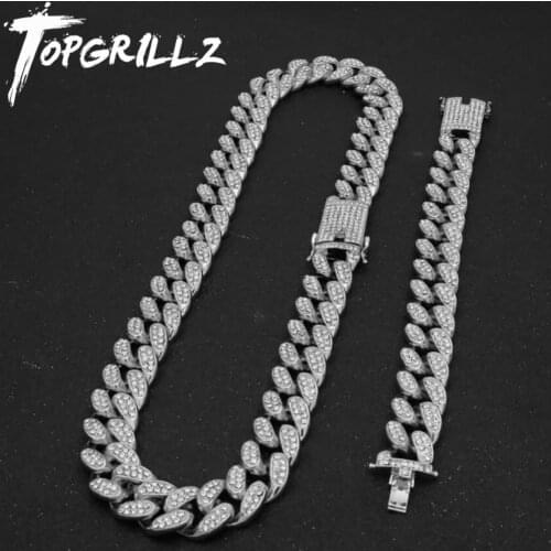 TOPGRILLZ New Fashion 20mm Ice Out Heavy Hip Hop Necklace with Free Bracelet Alloy Cuban Chain Set For Man Women Gift