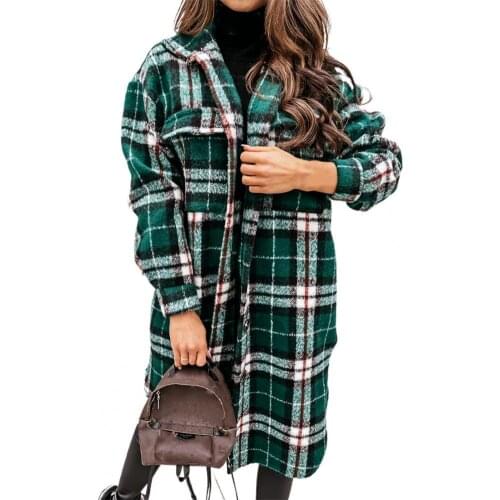 Coat Women Autumn Plaid Long Sleeve Turn Down Collar Coat Buttons Mid-length Jacket