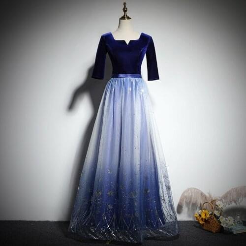 Navy Blue Elegant Evening Dress Half Sleeves Empire A-Line Square Collar Sequins Floor-Length Party Formal Dresses Woman B1072