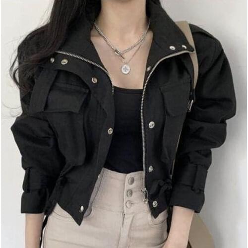 ZCSMLL Personality Turn-down Collar Coat Zipper Loose Double Pocket Drawstring Waist Short Jacket Women Korean Autumn
