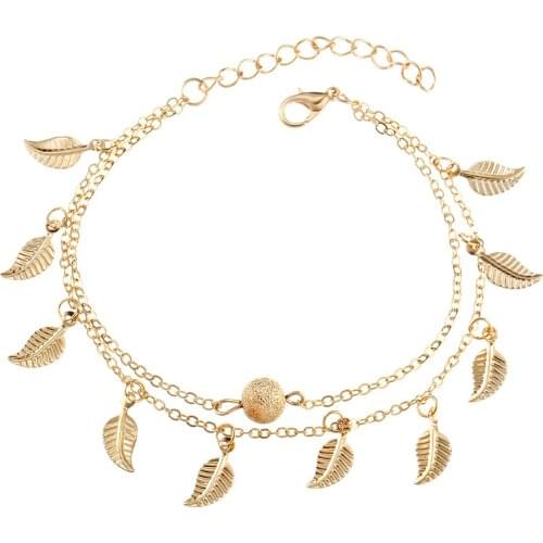 Gold Silver Color Double Chain Leaves Pendant Anklet For Women Beads Charms Tassel Barefoot Sandals Ankle Bracelets Foot Jewelry
