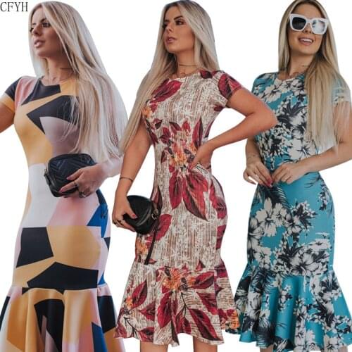 Summer Mermaid Dresses Women Floral Print Beach Sexy Bodycon Dress Casual O Neck Ruffles Slim Fit Elegant Party Dress Vestidos