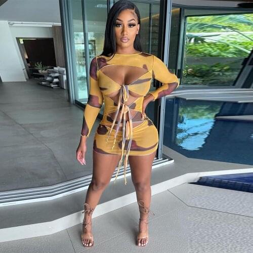 Tied Up Hollow Out Sexy Bandage Bodycon Dress Women Long Sleeve Round Neck Skinny Dresses Streetwear Body-shaping Robe Femme