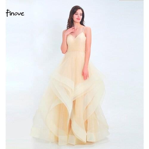 Finove 2020 Prom Dresses Sexy Spaghetti Strap V Neck Champagne Ruffles Backless Floor Length Simply Ball Gown Vestido De Noche