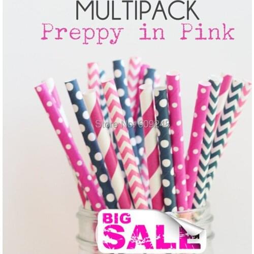 125pcs Mixed Colors PREPPY IN PIN Cheapest Paper Straws, Deep Pink Striped,Deep Pink Blue Swiss Dot, Navy Chevron