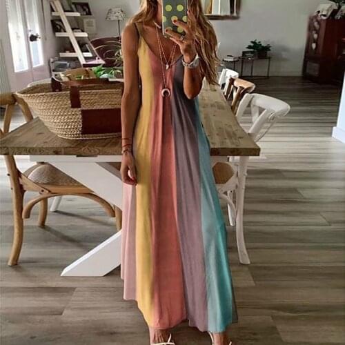 &35 Casual Women Robe Sexy Maxi Dress Summer 2020 Sleeveless V-neck Striped Loose Dress Big Swing Backless Plus Size Clothing