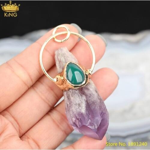 5pcs Amethysts Quartz Stick Point Charms Pendant Necklace, Agates Teardrop Beads Gold Hoop Charms For Women Jewelry DIY Making