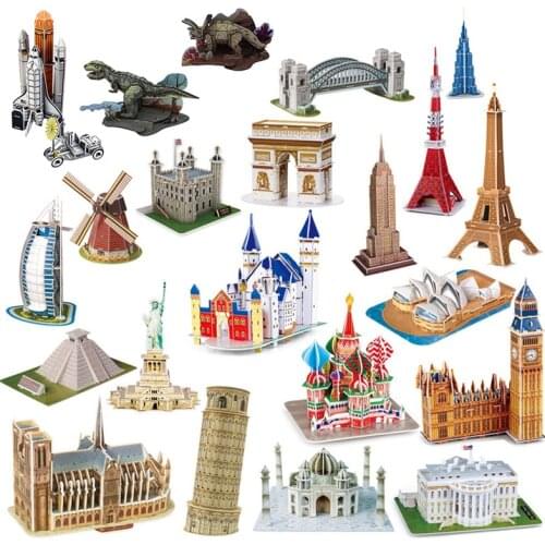 Kids Architecture 3D Cardboard Puzzle Toys Boxed Eiffel Tower Burj Khalifa Space Shuttle Dinosaur Famous Architectural Model Toy