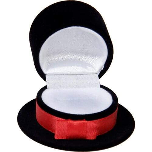 Velvet Black Hat Design Wedding Band Ring Storage Box Jewelry Display Case