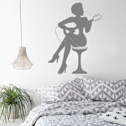 Bar Singer Guitar Player Elegant Lady Wall Sticker Vinyl Decals Music Lover Home Decor Guitar Pattern Wallpapers Art CX1133