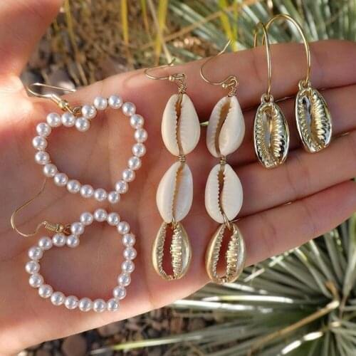 Hot Sale Elegant Golden Beach Shell Starfish Pearl Pearl Earrings Pendant Female Beach Boho Earring Set Gift Summer Jewelry