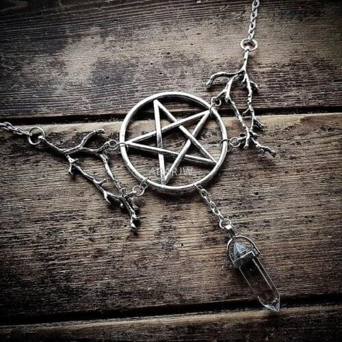 Goth Pagan Inspired Pentagram and Stone Branches Necklace Witch Punk Jewelry Statement Charm Wedding Magic Wiccan Gift Women