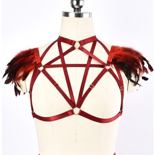 Gothic Feather Sexy lingerie Bondage Harness Underwear Clothing Fetish Elastic Cage Bra Body Harness Lingerie Goth Sword belt