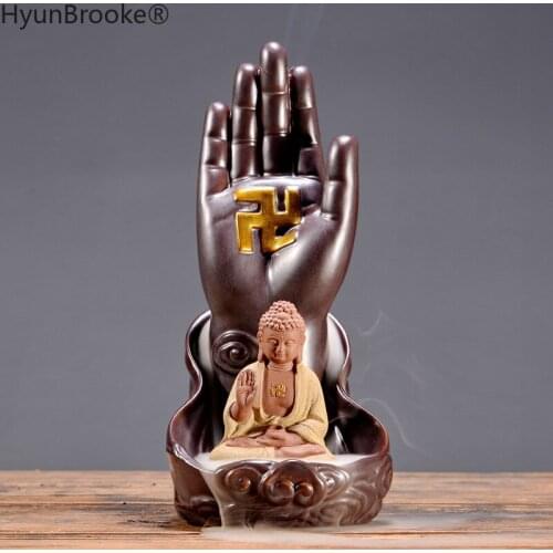 Backflow Incense Burner Ceramic Three Saints Buddha Hand Holder Bigger Tower Censer Incense Cones Smoke+10 Cones