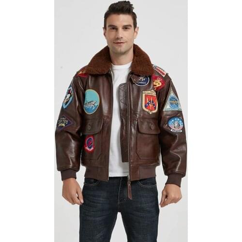 2020 Brown Military Syle Genuine Pilot Leather Jacket Europe Size Wool Collar Real Cowhide Slim Fit Aviator Winter Coats