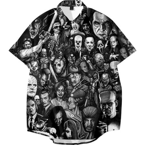 3D Print Mens Hawaiian Shirt Fashion Casual Button Scary Clown Mask Beach Short Sleeve Quick Dry Top Blouse Plus Asian SIZE 5XL