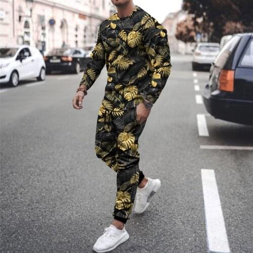 Mens Korean version of the 2021 summer new long-sleeved suit 3D letter printing two-piece casual suit trend
