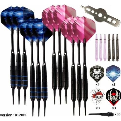 12Pcs 19g Professional Electronic Safe Darts Set Soft Nylon Tip Black Plated Iron Barrel Aluminium Shaft PET Flight Competition