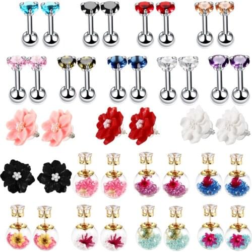 Pair Fashion Tragus Barbell Glass Ball Flower Stud Earrings Copper Needle Piercing Ear Cartilage Tragus Sexy Womens Jewelry