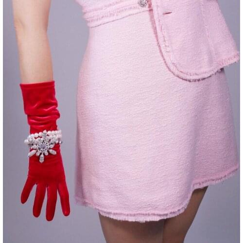 Womens elegant elastic velvet touchscreen long gloves female red color pleuche party driving glove 40cm 60cm R1448
