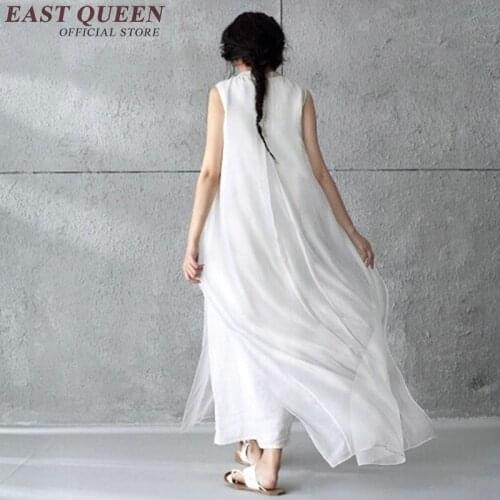 Natural white lace sundress sleeveless cotton maxi dress vintage summer long white sundress split false two piece dress KK315 Q