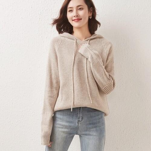New high-end loose 100% pure wool cashmere sweater full sleeve knitted ladies hooded sweater pure color pullover FRSEUCAG Brand