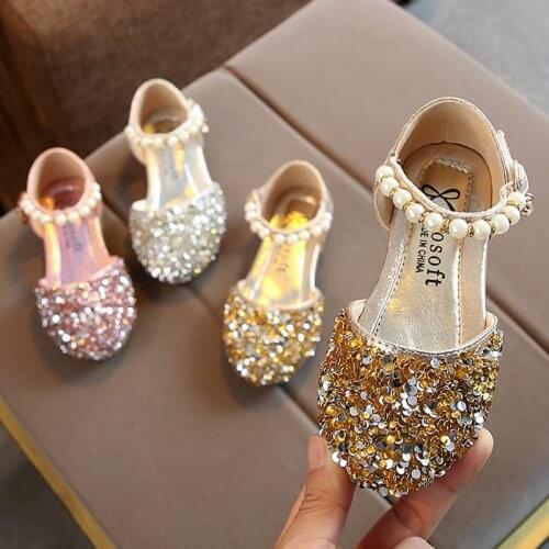 Kids Shoes Summer New Girls Casual Leather Shoes Baby Princess Shoes Fashion Sequined Pearl Dance Shoes Toddler Shoes Girl