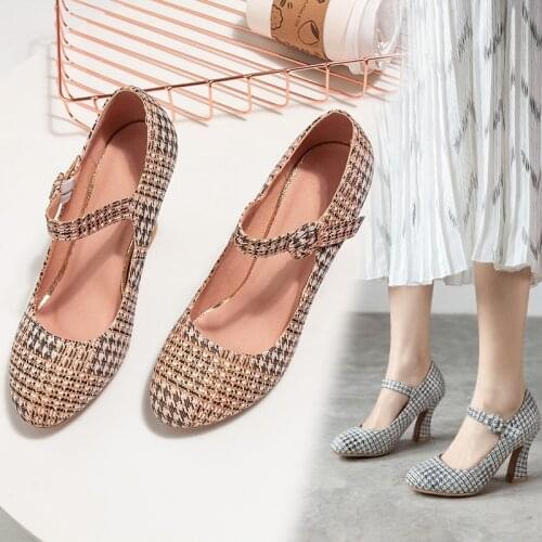 Spring Mary Jane Shoes High Heels Woman Pumps Block Heel Womens Shoes Brand Designer 2020 Dress Party Ladies Shoes Gingham Retro