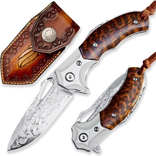 Japanese knife Damascus VG10 steel multi-function pocket knife outdoor camping cutting tool hand-forged EDC knife snake wood
