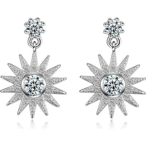 Silver Earring New Fashion Shiny Zircon Sunflower Design 925 Sterling Silver Stud Earrings for Women Wholesale Jewelry Gift