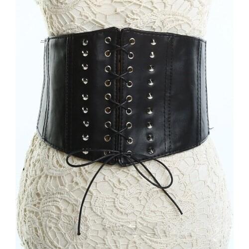 Womens Elastic ultra wide belt Faux Leather corset Belt retro design Front Tie up Waist belt Girl Clothes Decoration