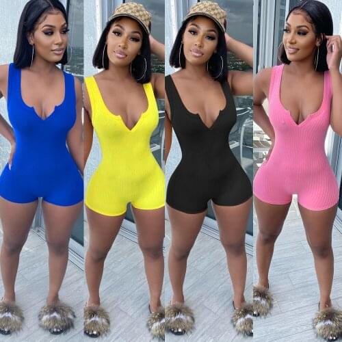 Echoine Sleeve V-neck Ribbed Playsuit Women Sexy Skinny Bodycon Sexy Short Jumpsuit Party Night Club Rompers Pink Black Overalls