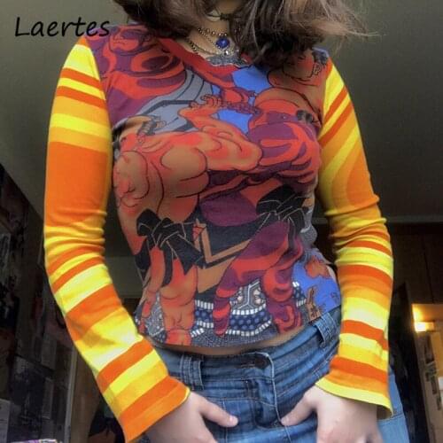 Laertes Long Sleeve T Shirt Womens Crop Top Prink Orange Casual Vintage Skinny Bloues Top Vest Female Clothing