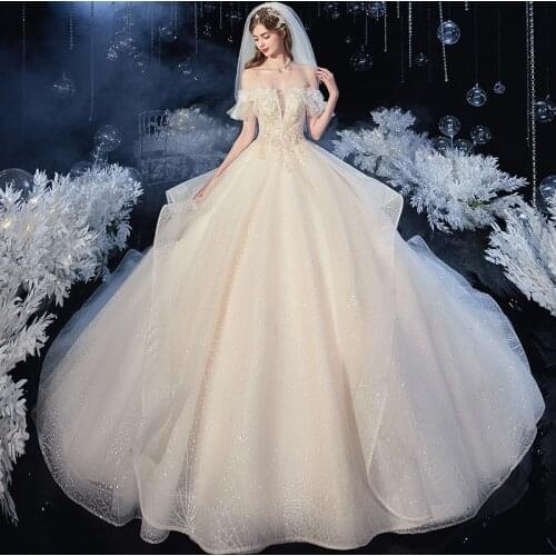 Off The Shoulder Wedding Dress 2021 Beads Pearls Puffy Skirt With Chapel Train Women Wedding Ball Gown New