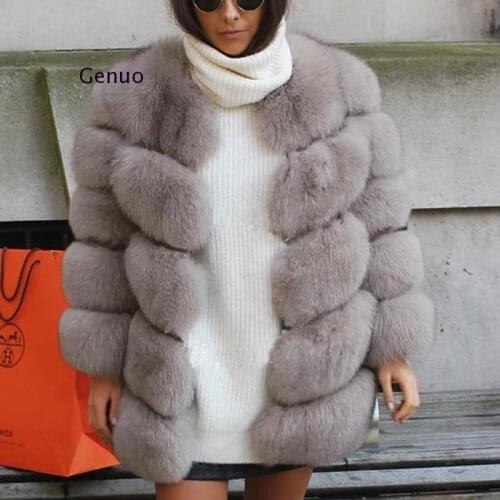 Winter Faux Fox Fur Coat Women Fashion Pockets V Neck Fur Jacket Womens Long Sleeves Overcoat Female Ladies Outwear Abrigo Mujer