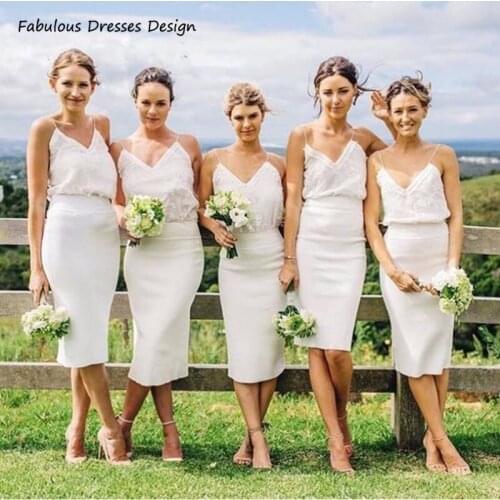 Bohemia White Spaghetti Strap Bridesmaid Dresses Tea Length Mermaid Sexy V Neck Wedding Party Dress 2021 Cheap Vestidos