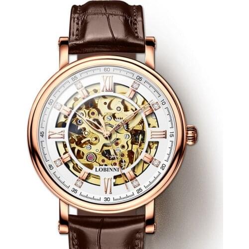 Men automatic watch,mens wrist watches Switzerland LOBINNI luxury man skeleton mechanical wristwatch waterproof clock sapphire