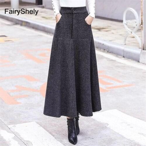 FairyShely 2020 Autumn Winter Retro High Waist Pleated Skirt Women Casual Pocket Woolen Maxi Skirt female Plaid Long skirt