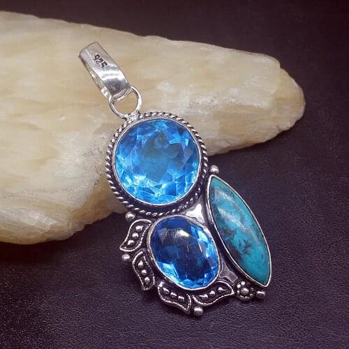 Gemstonefactory Jewelry Big Promotion 925 Silver Sea Sediment Ocean Blue Topaz Women Ladies Gifts Necklace Pendant 0861