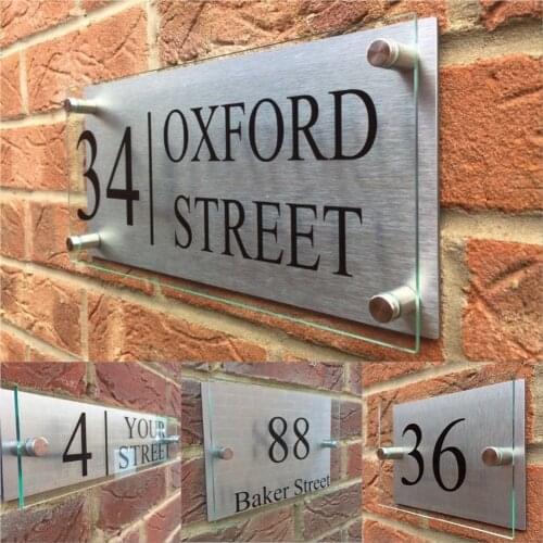 Customized Transparent Acrylic House Number Signs Door Plates Plaques with Silver Aluminum Backing Panel