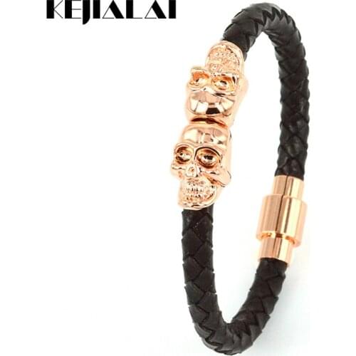 Kejialai Famous Brand Fashion Genuine Skull Leather Bracelet Rose Gold Color Double Skeleton Twin Skull Bangles Men Punk Rock