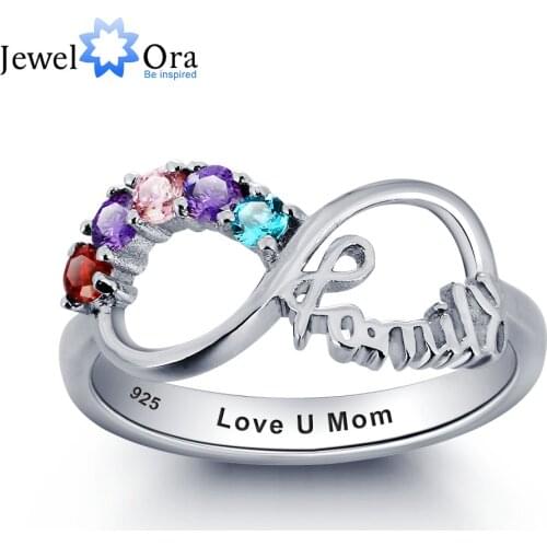 Personalized Engrave Birthstone Infinity Family Jewelry Cubic Zirconia 925 Sterling Silver Ring Gift For Mum(JewelOra RI101787)