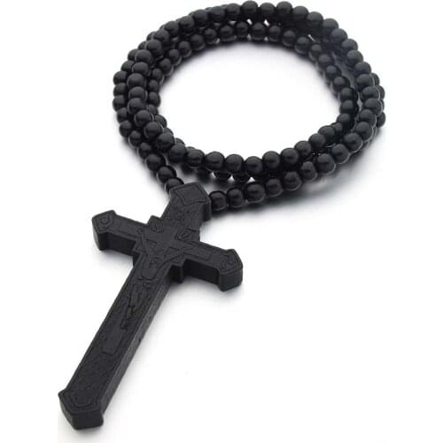 Pendant Necklace Large Wood Catholic Jesus Cross with Wooden Bead Carved Rosary Pendant Long Necklace Mens Gifts Accessories