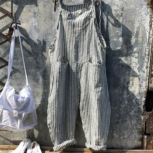 Summer Womens Jumpsuit Striped Cotton Linen Casual Street Daily S-XL Baggy Wide Leg Overalls Dungarees Jumpsuit Romper Women