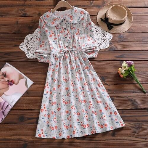 Mori girl corduroy cute floral dress new autumn fashion long sleeve lady sweet vestidos