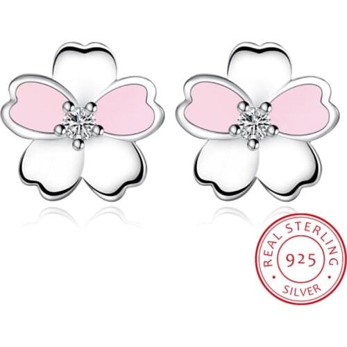 Cute Small 925 Sterling Silver Cherry Blossom Flower Set Pink CZ Stud Earrings For Women Girls Kid Jewelry Orecchini Aros Aretes