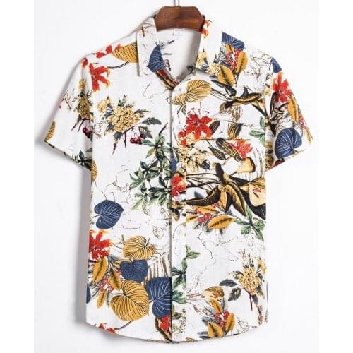 Mens summer printed shirt national style fashion casual cotton linen short-sleeved printed Hawaiian shirt top футболка 40