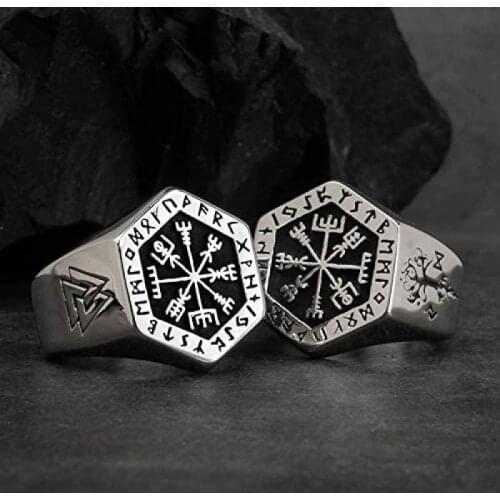 Classic Punk Special Pattern Ring Nordic Viking Compass and Rune Ring Jewelry Carving Tree of Life Symbol Mens and Womens Ring