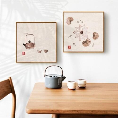 Chinese Style Landscape Lotus Plant Dragonfly Cups Canvas Painting Wall Frameless Picture Printing Poster Living Room Decoration